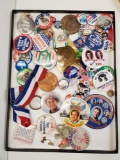 Large tray of POLITICAL BUTTONS including LA olympics, 1940 Donkey Dem pin