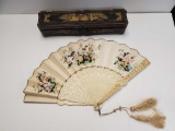 Antique Chinese Carved pleated fan in Lacquered box