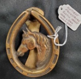 Antique BRASS Equestrian DOOR KNOCKER rustic horse head & shoe
