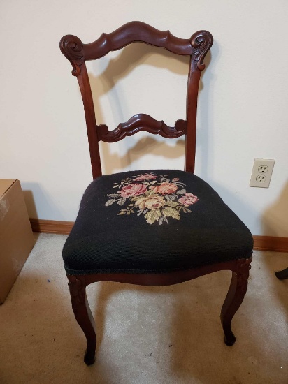 Victorian carved needlepoint dining chair, heavy