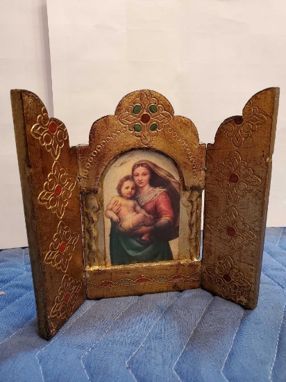 Antique Florentine Italian triptych madonna and child Jesus travel icon