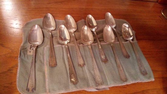 SET OF (9) STERLING SILVER SPOONS IN H.L. TERRY & SONS SILVER HOLDERS