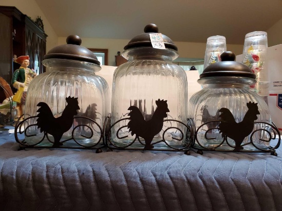 Rooster themed Set of glass canisters