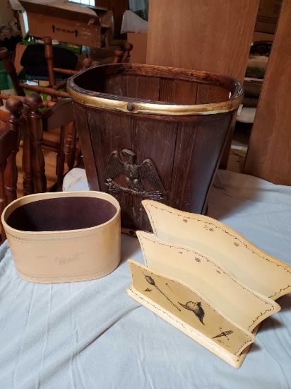 Vintage Office grouping including Wooden EAGLE trash can, Basketville, VT