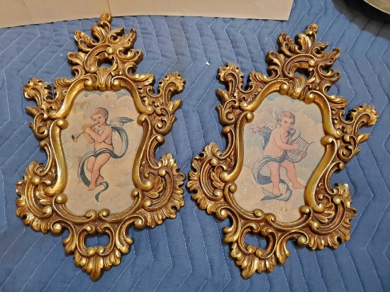 Set of SYROCO framed CUPIDS with horn, and harp