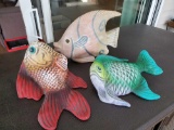 (3) adorable ceramic(2), (1) carved painted fish, for shelf, table top