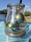 Large irridescent glass candle holder with glass balls, decor