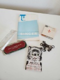 Old Times grouping including DIME KITTY holder, Record LP Brush, skeleton keys, HOYA, Singer