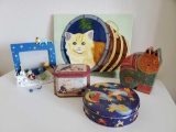 Leather cat bank, tins, Cat in bucket wall hanging and fun frame