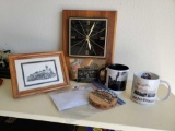 Train grouping including Stewart - Austin quartz wall clock, model railroad slides, coffee mugs,