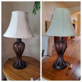 Pair of Bronze style leaf table lamps with linen shades, resin