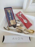 Tray of collector's Souvenir spoons including 800 SILVER and AVON wrist watch