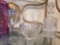 Heavy glass decanter, etched wine glasses, and bowl