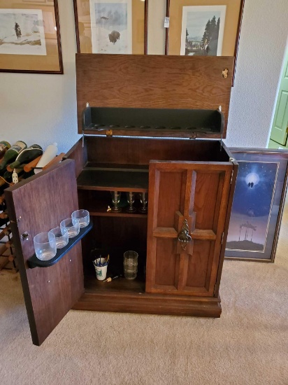 Hefty Solid Wood , rolling HIDDEN LIQUOR CABINET with contents , vintage