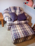 OVERSTUFFED PLAID LOUNGING CHAIR WITH MATCHING OTTOMAN