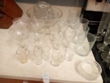 Glass grouping including etched Rocks, beautiful vintage wine, platters and bowls