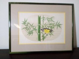 1960s Framed Linen With Bird and Bamboo