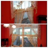 LARGE AND SMALL SET OF DELICATE APPLIQUE PINK ROSE AND DAISY WINDOW TREATMENTS, TOP AND BOTTOM