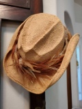 Vintage SHADY BRADY Straw Cowboy hat with feather band, medium