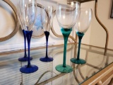(5) Green and Blue Barware wine and flute glasses
