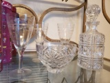 Heavy glass decanter, etched wine glasses, and bowl