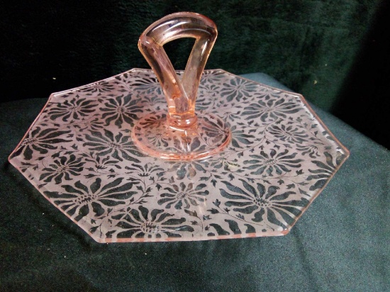 Vintage McKee Glass Brocade Pink Frosted Poinsettia Center Handle Tray- Circa 1935