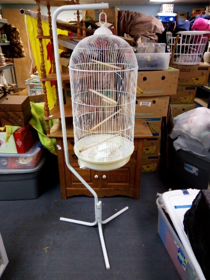 LARGE 15-IN DIAMETER METAL HANGING BIRD CAGE WITH POLE STAND