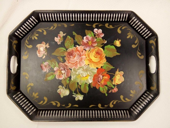 GORGEOUS BLACK AND GOLD WITH HAND-PAINTED FLORAL TOLE TRAY