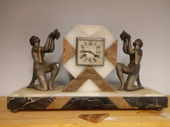 VERY RARE FRENCH ART DECO MANTLE CLOCK WITH TWO SCANTILY CLAD DEVOTEES FLANKING THE TIMEPIECE