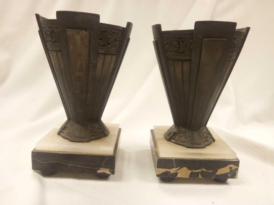 PAIR OF FRENCH? ART DECO BRONZE MARBLE BASE VASES