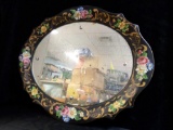 BEAUTIFUL HAND-PAINTED BLACK TOLL TRAY WITH MIRRORED CENTER, WALL ATTACHMENTS