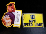 PAIR OF VINTAGE SIGNAGE, METAL CAMEL THERMOMETER, RESIN SPEED LIMIT
