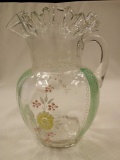 Depression Glass Lemonade Pitcher, Hand Painted/Enameled in a Floral Design.
