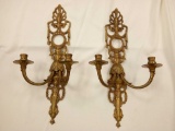 PAIR OF GOLDEN BRASS HIGHLY ORNATE DOUBLE CANDLE WALL SCONCES