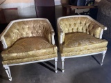 Matching pair of beautiful carved wood and upholstered barrel back chairs