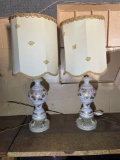 (WILDWOOD PICK UP) -Matching pair of wonderful antique painted frosted glass lamps with koi feet