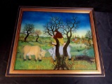 Slobodan Kesic Signed Original 1974 Croatian Naive Art Painting PASTORAL FIGURE IN TREE