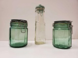 Thick Green glass bale top canisters, vintage, plus ceramic lid