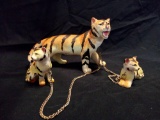 Vintage Japan Leashed Tiger Mother with Cubs Ceramic Figurines with Gold Chains