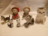 SEVEN GRAY AND WHITE VINTAGE PORCELAIN KITTEN/CAT FIGURINES/BELLS