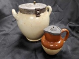 Antique DEMBY lidded syrup jar and crock style Dispenser/sifter, possibly European