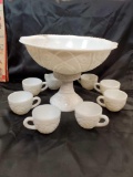 Vintage MILK GLASS Punch Bowl, Pedestal, And 8 cups