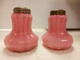 (2) Rare Pink Art Glass Shakers with Brass Tops