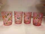 Antique Moser Juice Glasses, Enamel Floral Hand Painted, 4 Tumblers