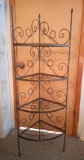 FOUR LEVEL WROUGHT IRON OUTDOOR CORNER DISPLAY SHELF, GARDEN PATINA