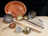 VINTAGE / ANTIQUE COPPER AND BRASS, INCLUDING CRYSTAL AND BRASS HANDLES AND (1) SOLID COPPER