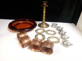 AMBER GLASS ASHTRAY, COPPER BRASS AND SILVER NAPKIN RINGS, ETC