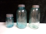 TRIO OF VERY NICE BLUE GLASS MASON/BALL JARS