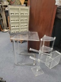 Plexi grouping including jewelry stands, corner shelf, petite side table