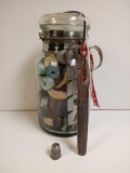 OLD JAR OF STRING, BOBBINS, SEWING SUPPLIES AND SCISSORS WITH THIMBLE